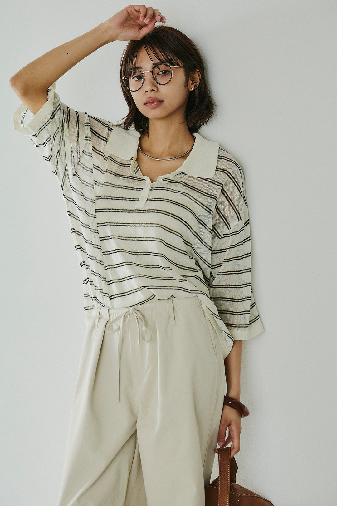 [SET]ボーダーニットポロシャツ+ニーサイドタックウエストドロスパンツ(2set)