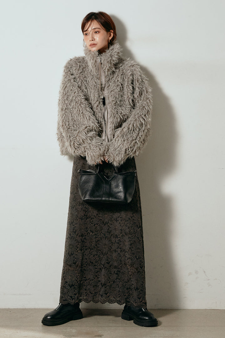 [SET]ミックスシープファースタンドブルゾン+花柄刺繍ベロアフレアスカート(2set)