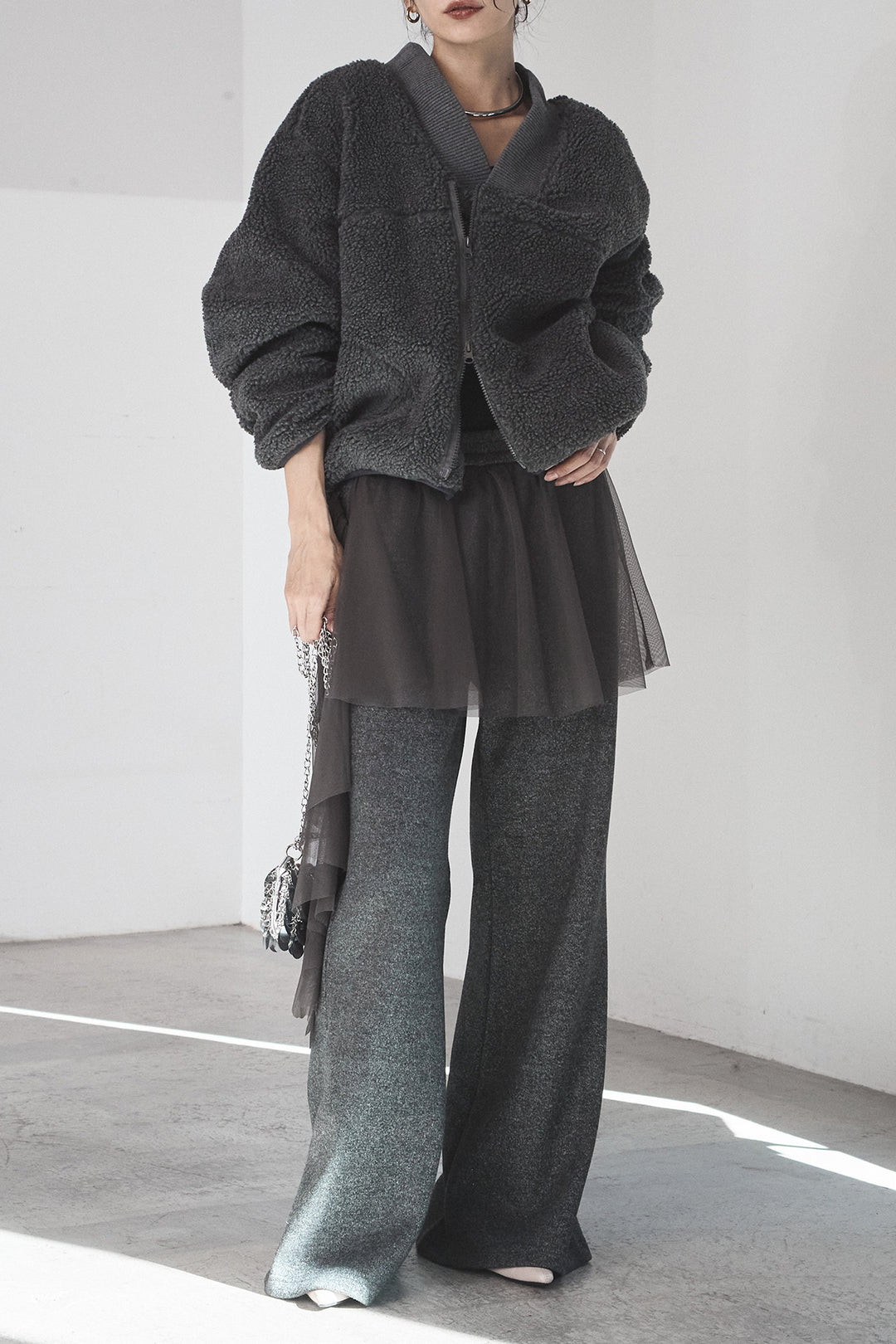 [SET]ノーカラーリブボアアウター+チュールレイヤードニットパンツ(2set)