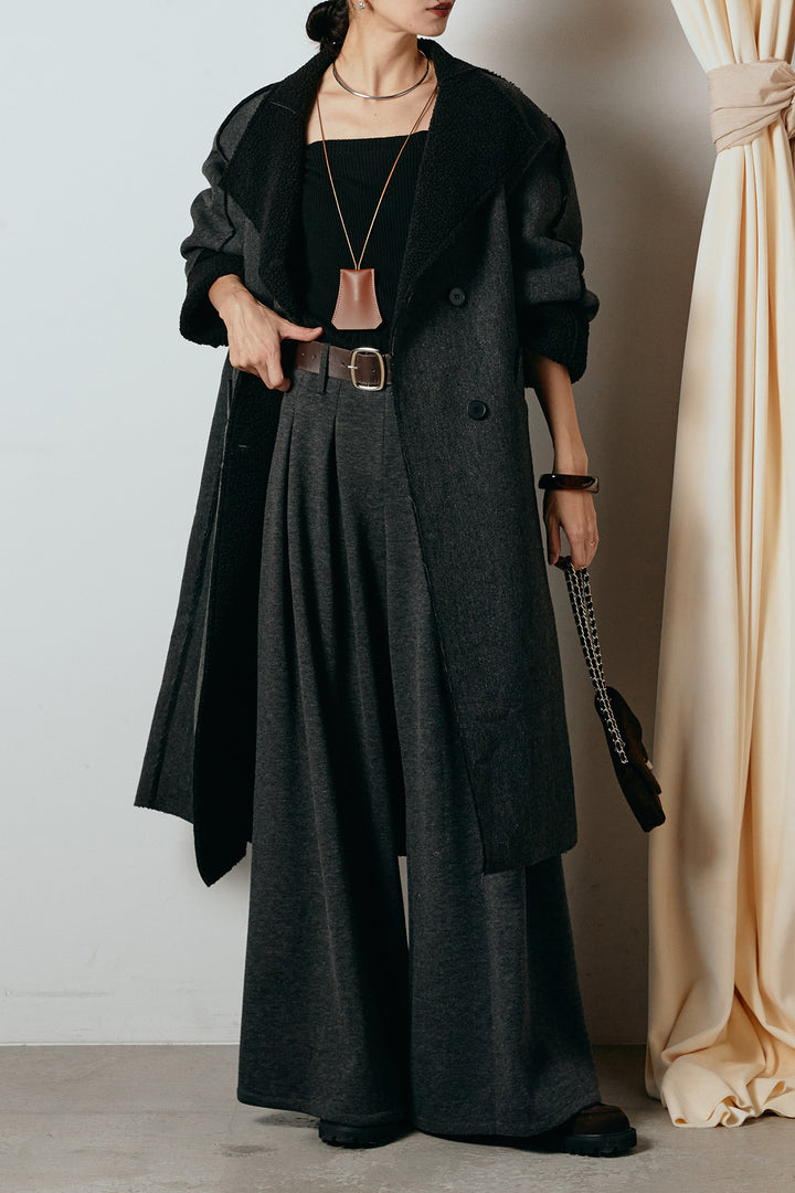 [SET]裏地ボアハイネックロングアウター+フェイクレザー太ベルト付きタックワイドパンツ(2set)