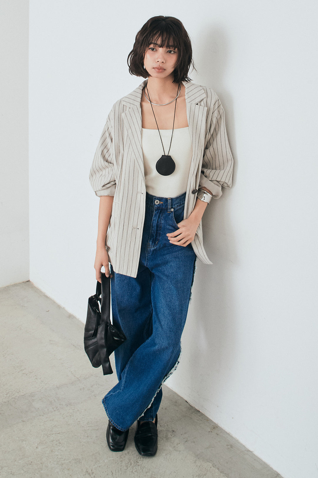 [SET]リネンライクストライプテーラードジャケット+デニムサイドフリルパンツ(2set)