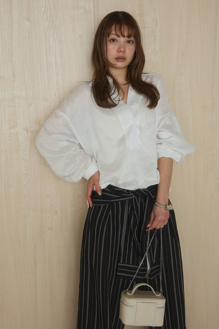 [SET]襟付きボタンブラウス+ウエスト巻きピンストライプパンツ(2set)
