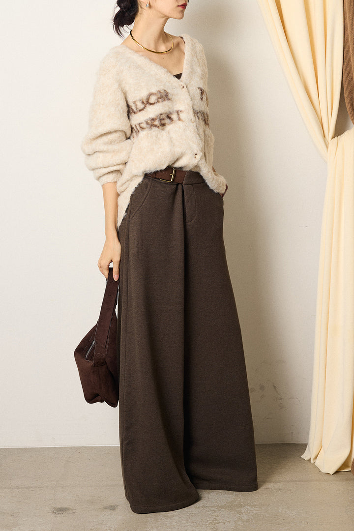 [SET]ウール混透かしロゴニットカーディガン+サイドベルトパンツ(2set)