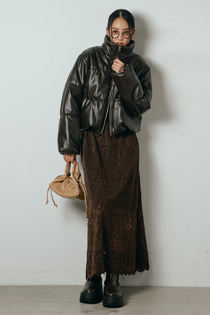 [SET]レザーライクWジップスタンドカラー中綿ブルゾン+総レース刺繍スカート(2set)