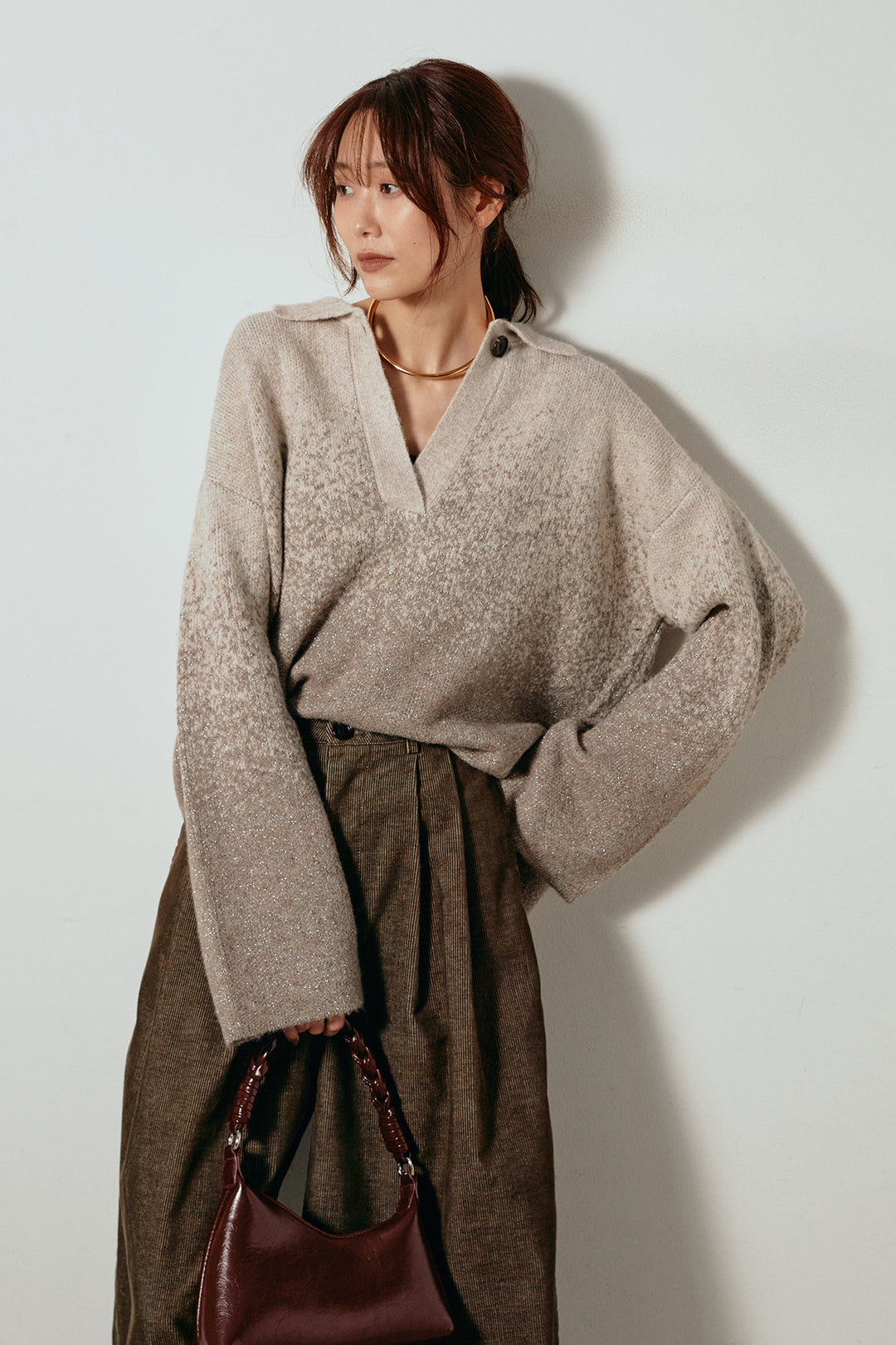 [SET]グラデーションラメニットキーネックプルオーバー+フロントタック入りコーデュロイパンツ(2set)