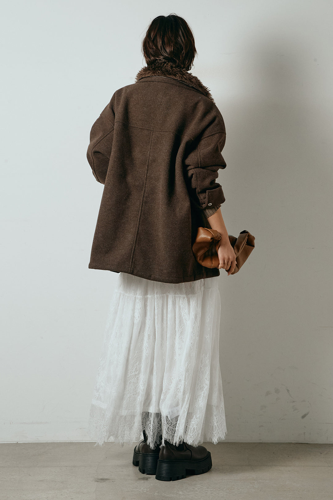 [SET]エコウール衿ファー薄中綿入りミドルカバーオール+ひげレース切替ロング丈スカート(2set)