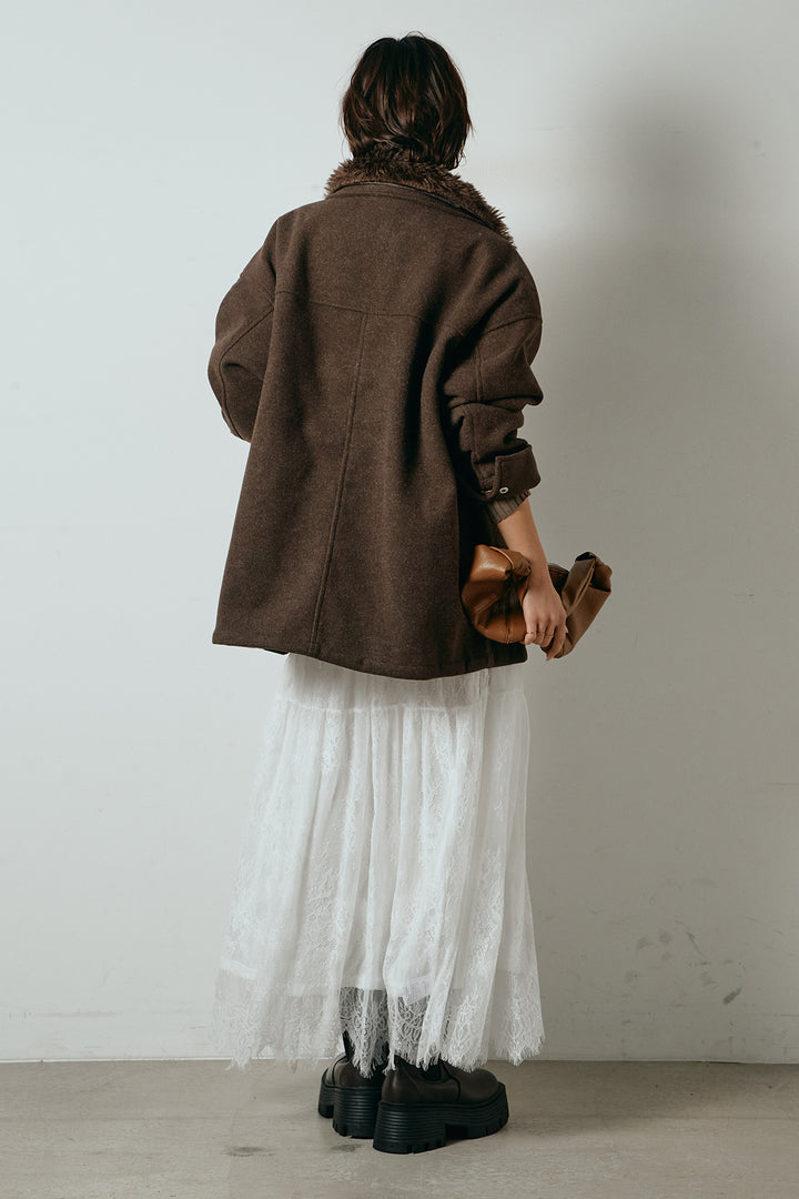 [SET]エコウール衿ファー薄中綿入りミドルカバーオール+ひげレース切替ロング丈スカート(2set)