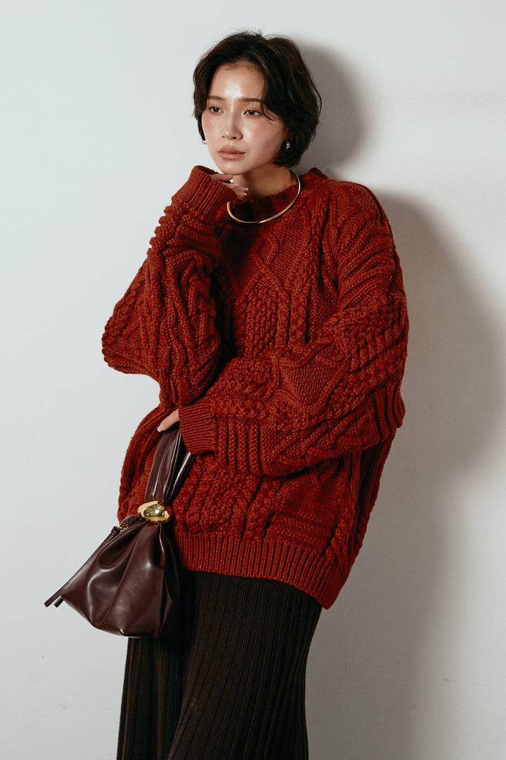 [SET]アラン柄ミックスケーブルニット+編み地切り替えフレアニットスカート(2set)