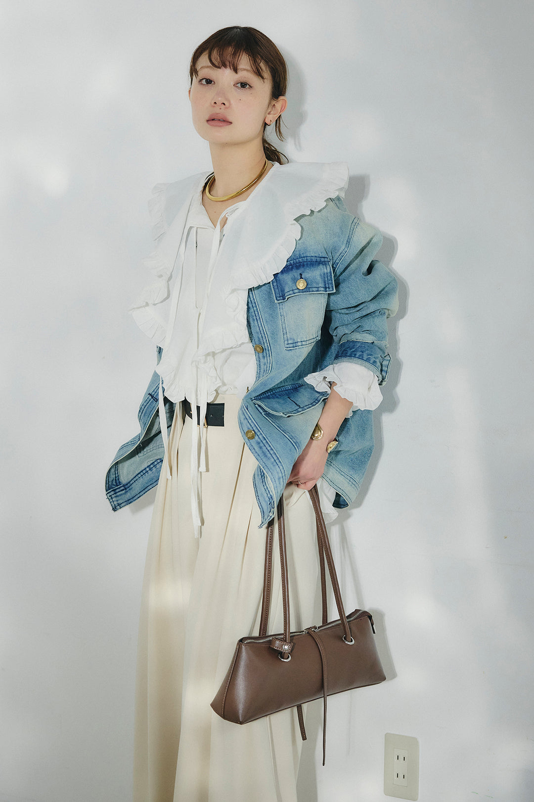 [SET]ノーカラーデニムポケットジャケット+コットンフリルブラウス+ベルト付きタックデザインハイウエストロングパンツ(3set)