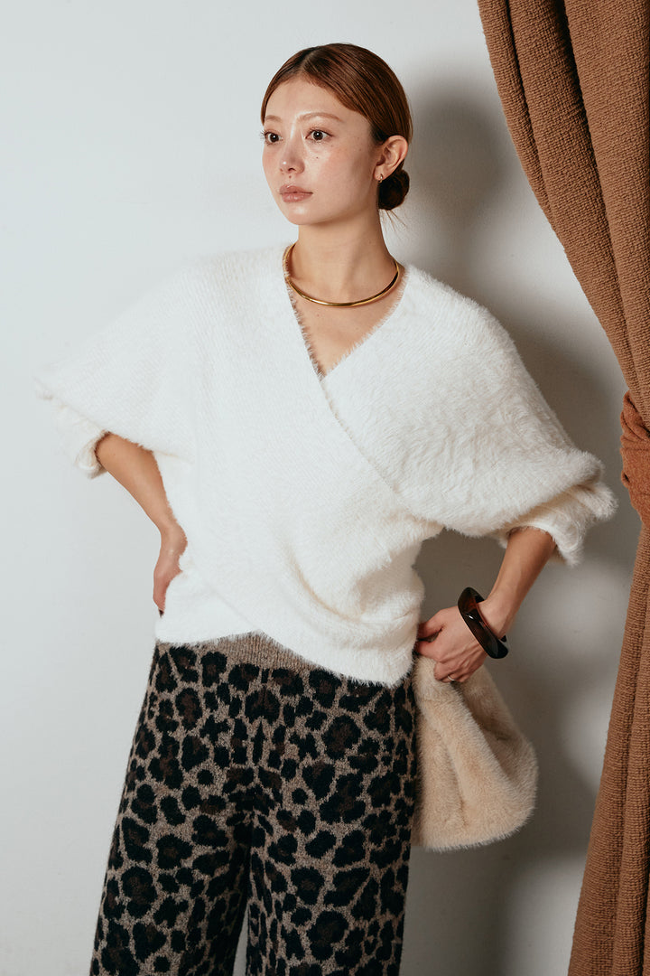 [SET]シャギーカシュクールニットトップス+リラックスレオパード柄ニットパンツ(2set)
