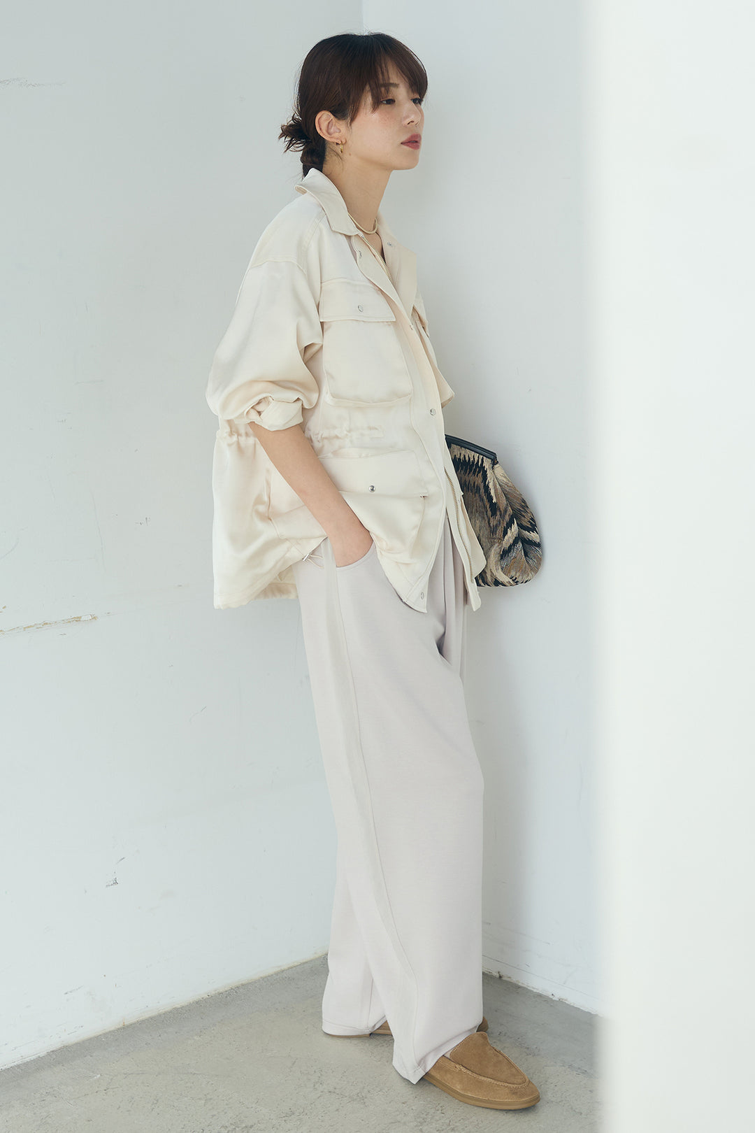 [SET]サテンライトブルゾン+異素材切り替えスウェットパンツ(2set)