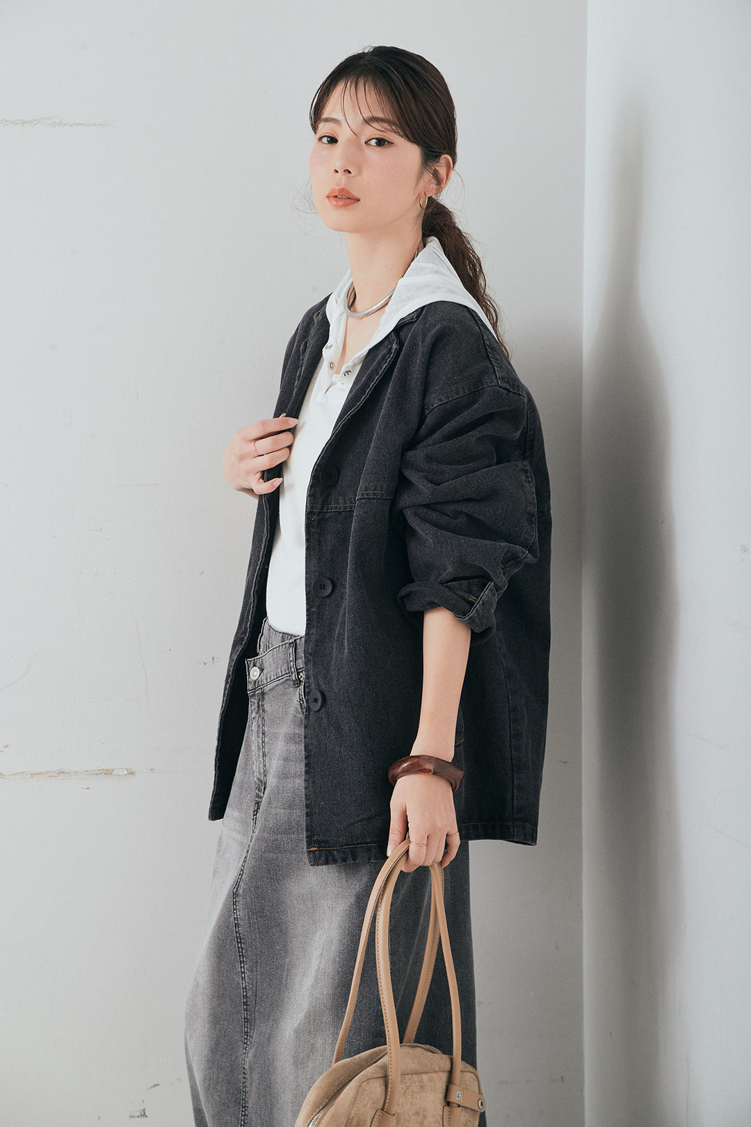 [SET]オーバーデニムジャケット+ウエストクロスデニムタイトスカート+シアーリブフーディプルオーバー(3set)