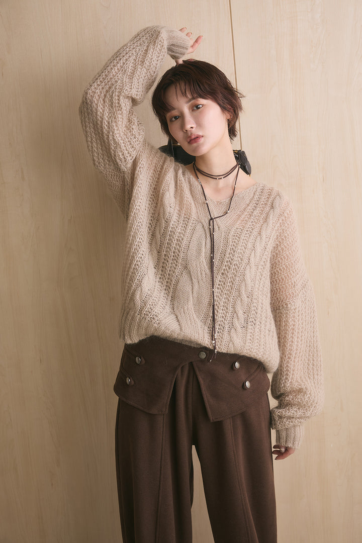 [SET]シアーモヘアケーブルVニックニット+ナポレオンデザインラップカーブパンツ(2set)