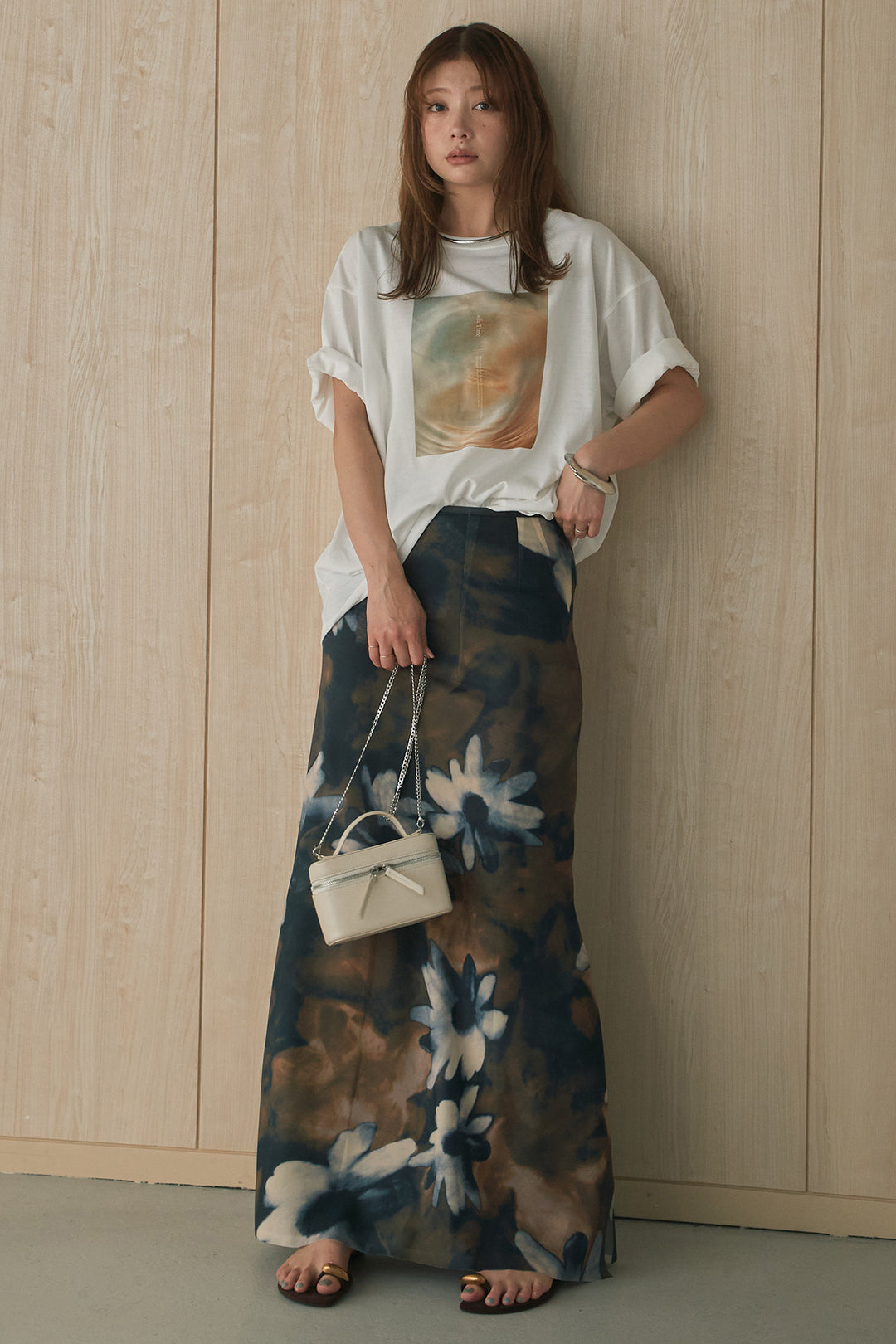 [SET]MarbleプリントTシャツ+ニュアンス花柄スカート(2set)