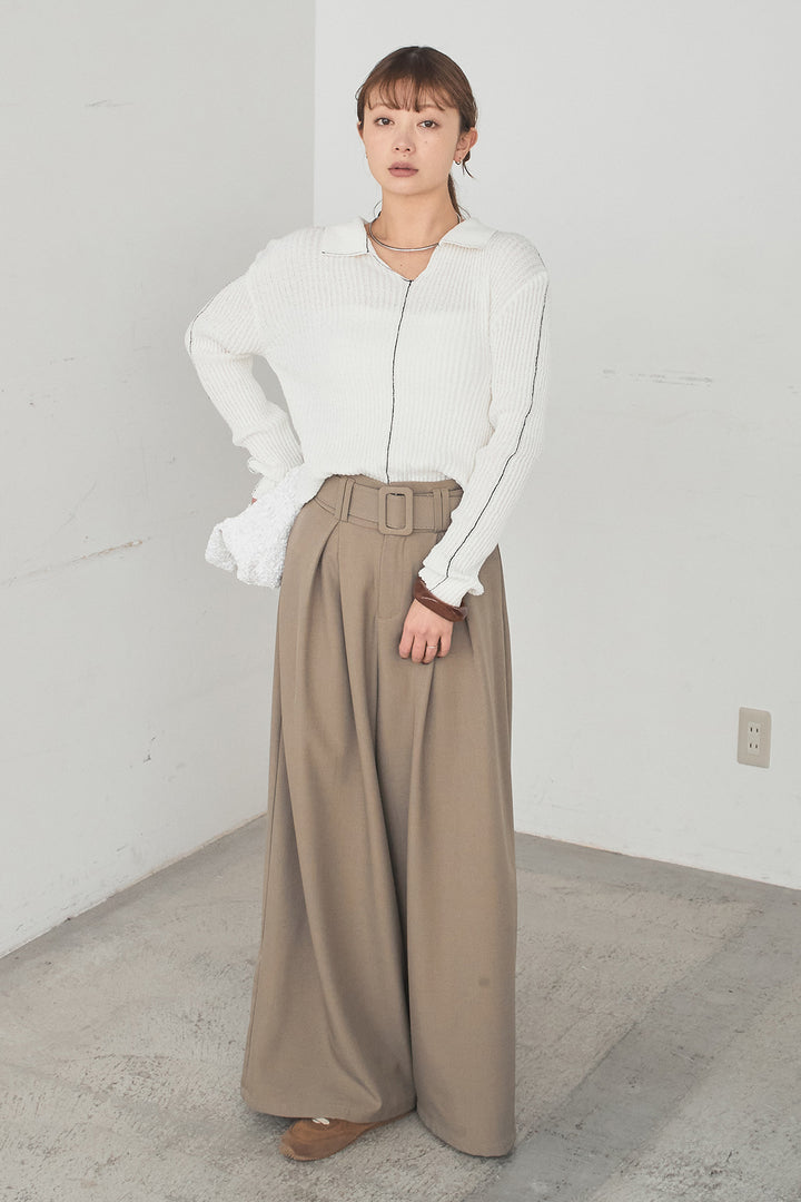 [SET]衿付きニットプルオーバー+ベルト付きツータックワイドパンツ(2set)