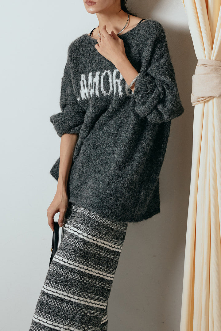 [SET]フロントロゴデザインニットトップス+マルチライン柄リラックスニットパンツ(2set)