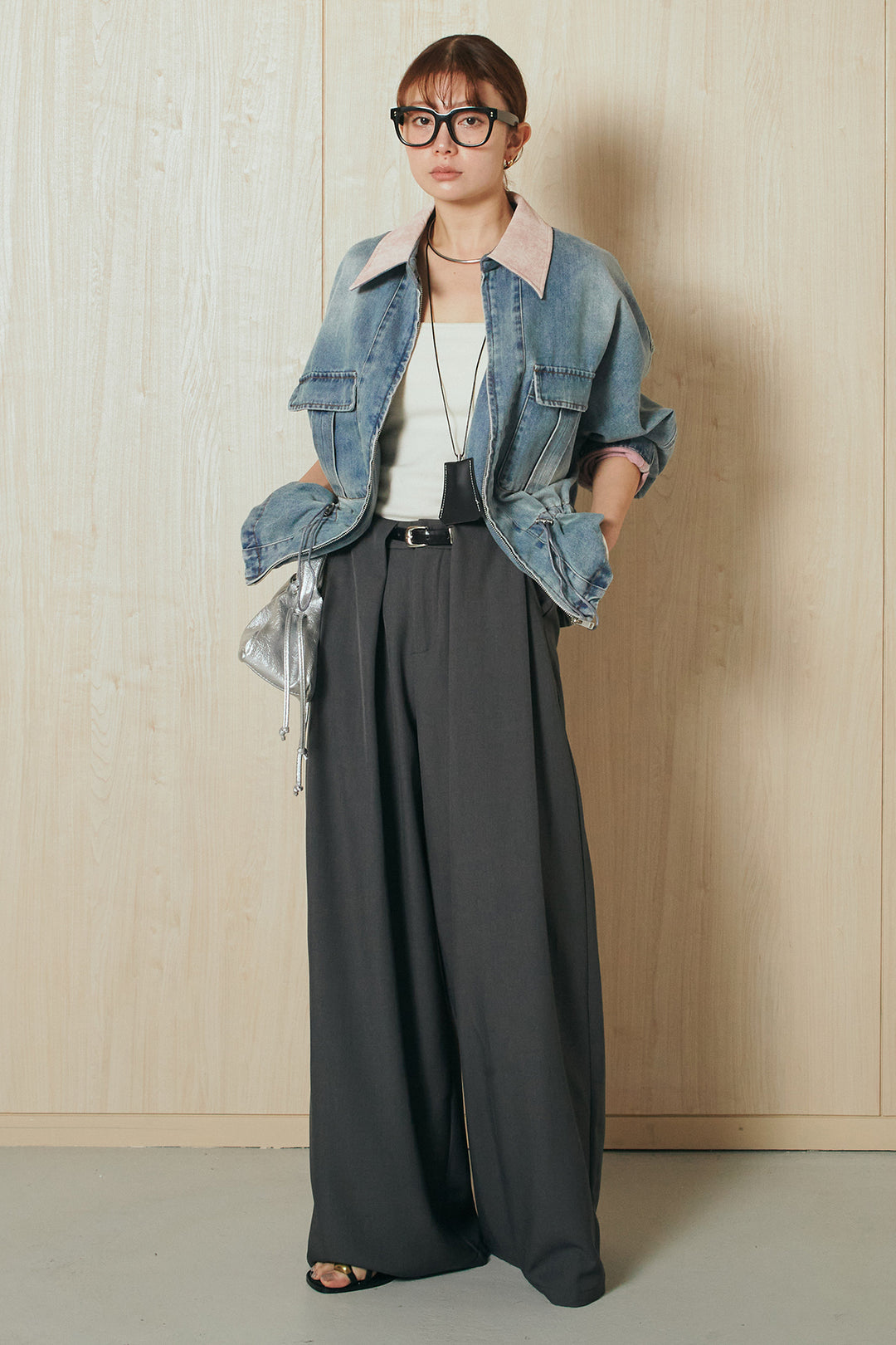 [SET]襟付き配色デニムブルゾン+ビックベルトループタックベルト付きワイドパンツ(2set)