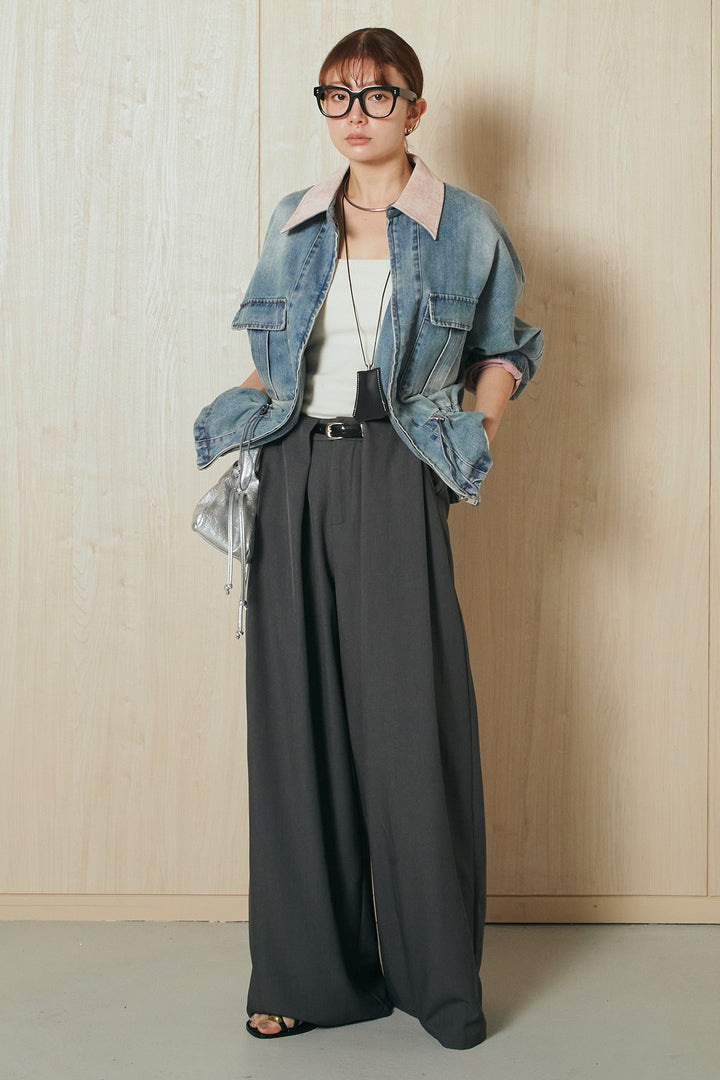 [SET]襟付き配色デニムブルゾン+ビックベルトループタックベルト付きワイドパンツ(2set)