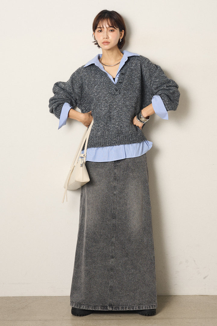 [SET]ストライプシャツドッキングニットポロトップス+デニムロングフレアスカート(2set)