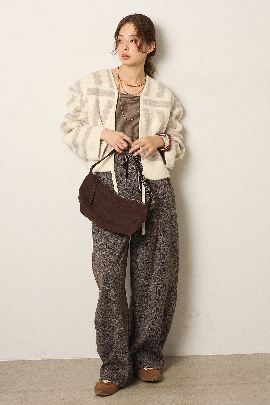 [SET]幾何学柄ノーカラーカーディガン+杢ニットフレアパンツ(2set)
