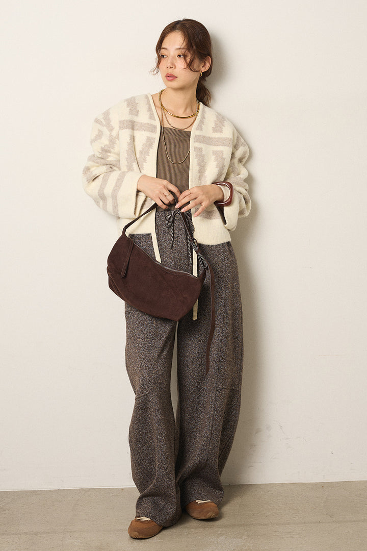 [SET]幾何学柄ノーカラーカーディガン+杢ニットフレアパンツ(2set)