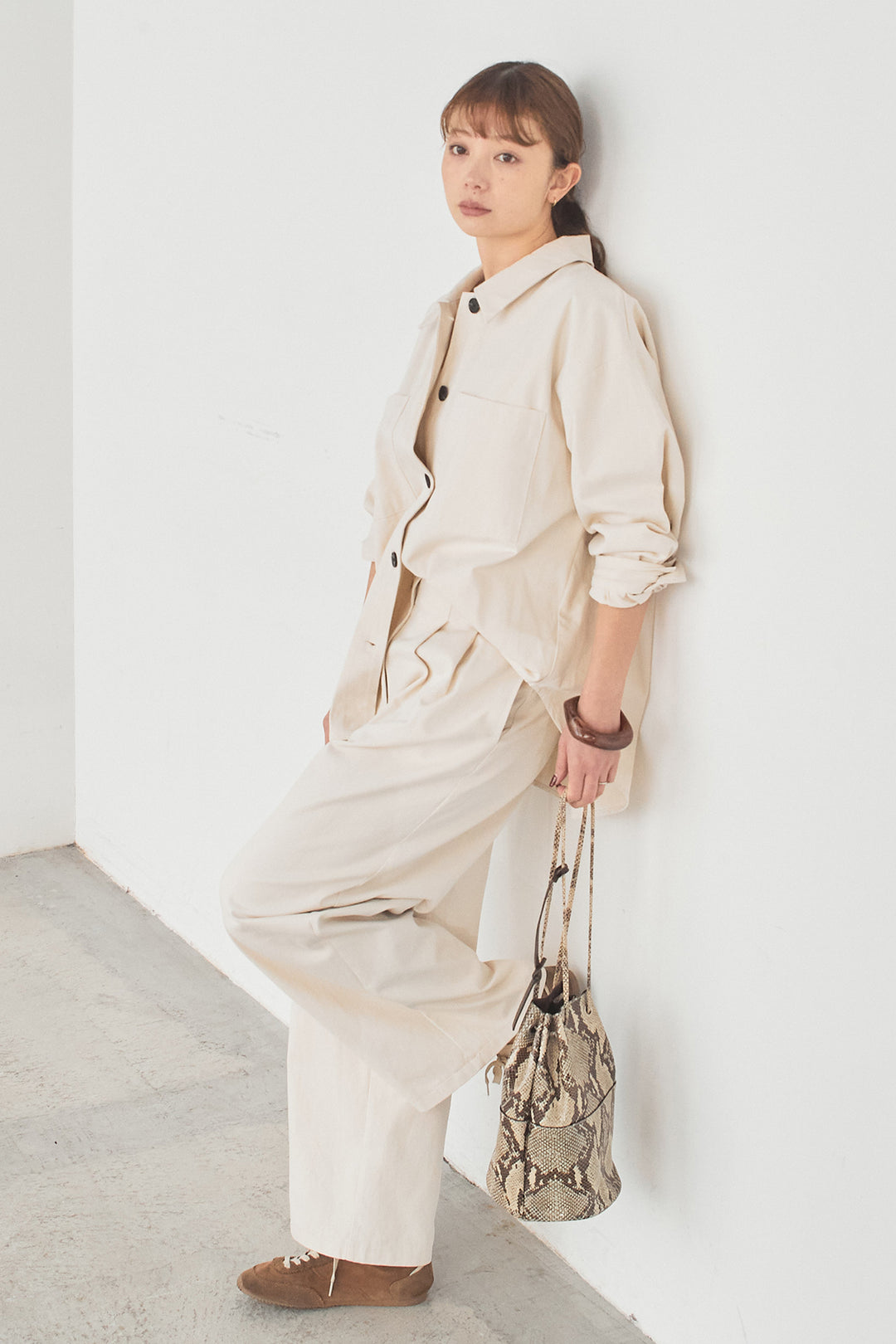 [SET]ツイルシャツジャケット+ツイルハイウエストタックパンツ(2set)