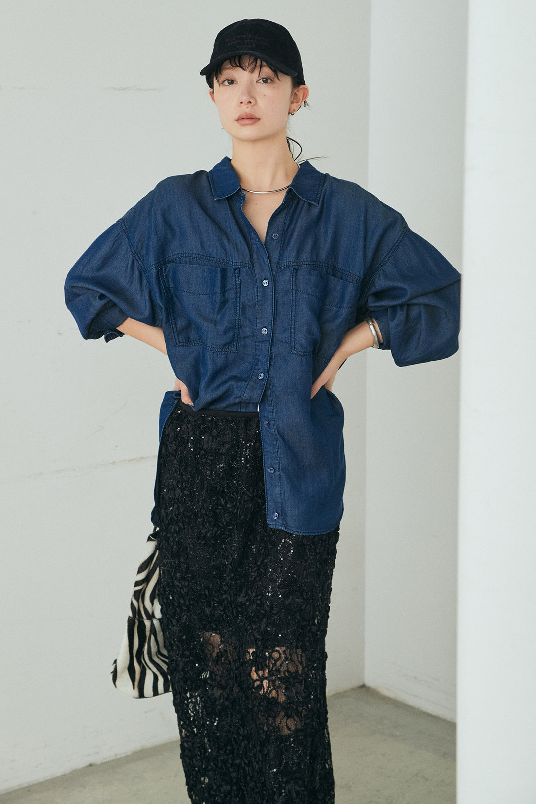 [SET]テンセルデニムシャツ+ラメ刺繍デザインスカート(2set)