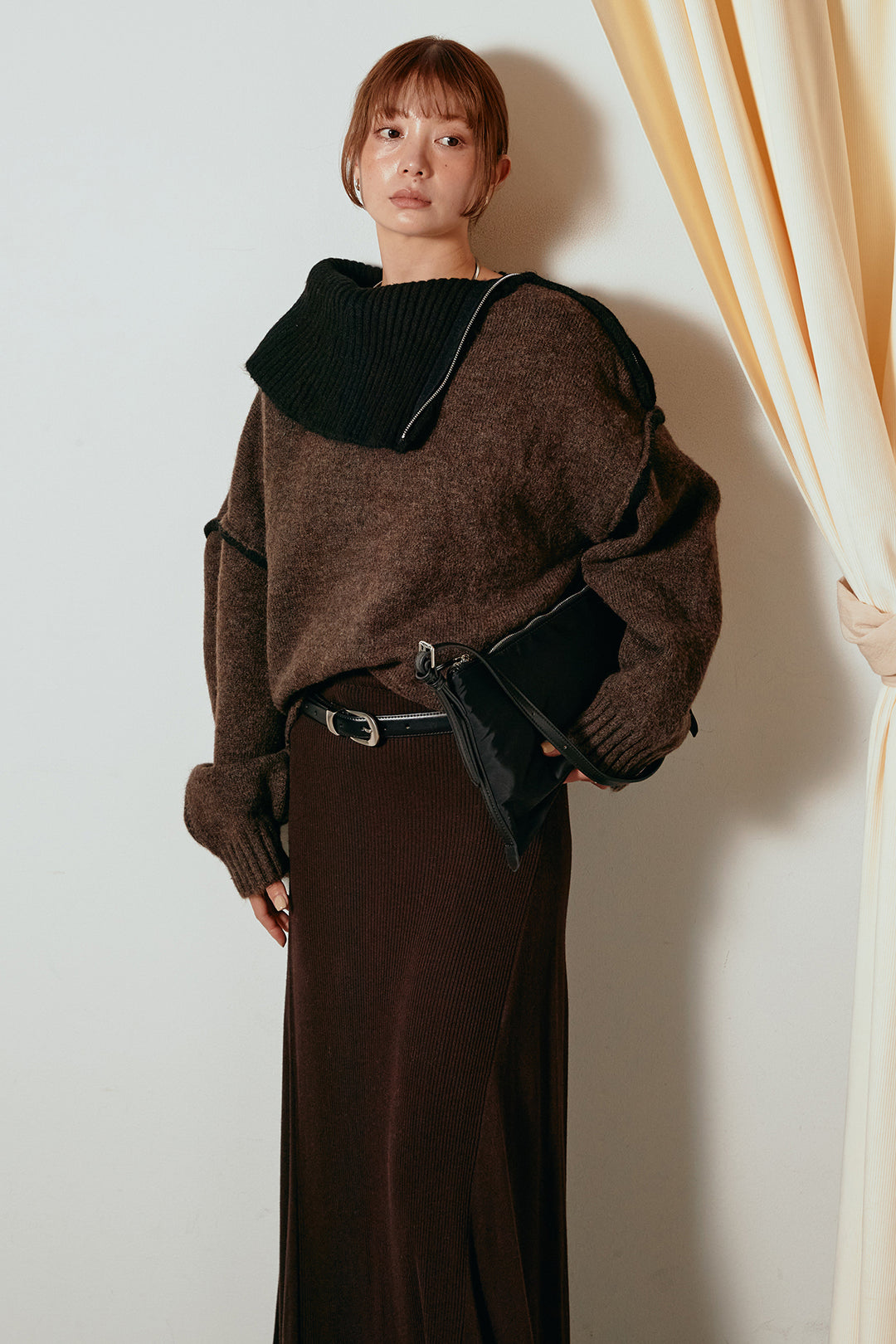 [SET]ハイネックジップデザインニットトップス+サイド切り替えリブニットロングスカート(2set)