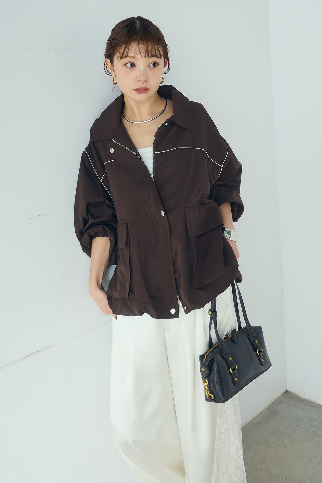 [SET]合繊ツイルバルーンジャケット+サテンレース切り替えタックパンツ(2set)