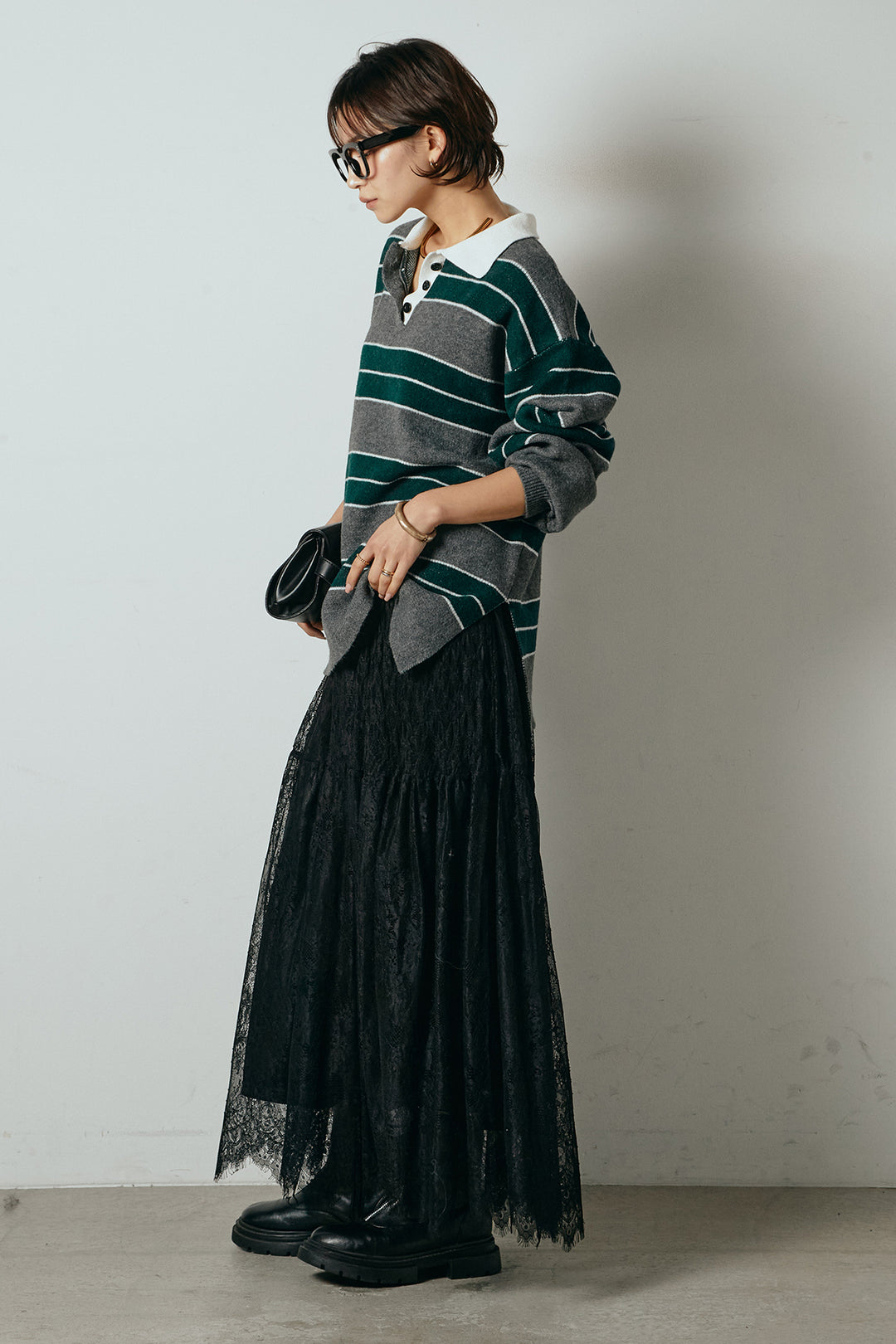 [SET]ラガーニットボーダーポロプルオーバー+ひげレース切替ロング丈スカート(2set)
