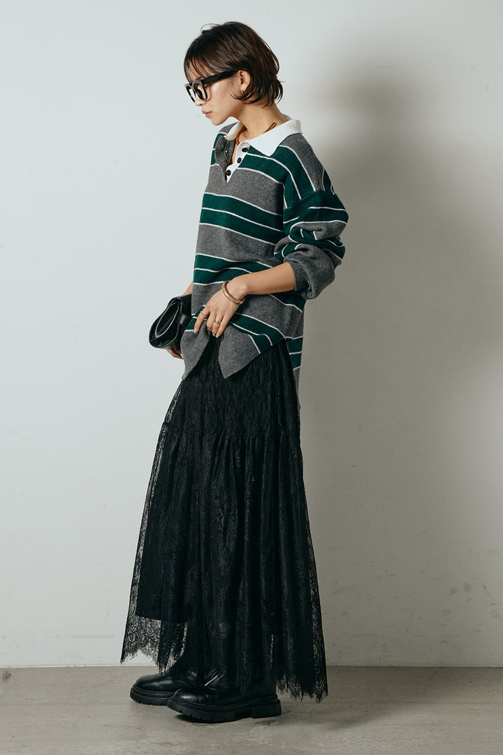 [SET]ラガーニットボーダーポロプルオーバー+ひげレース切替ロング丈スカート(2set)