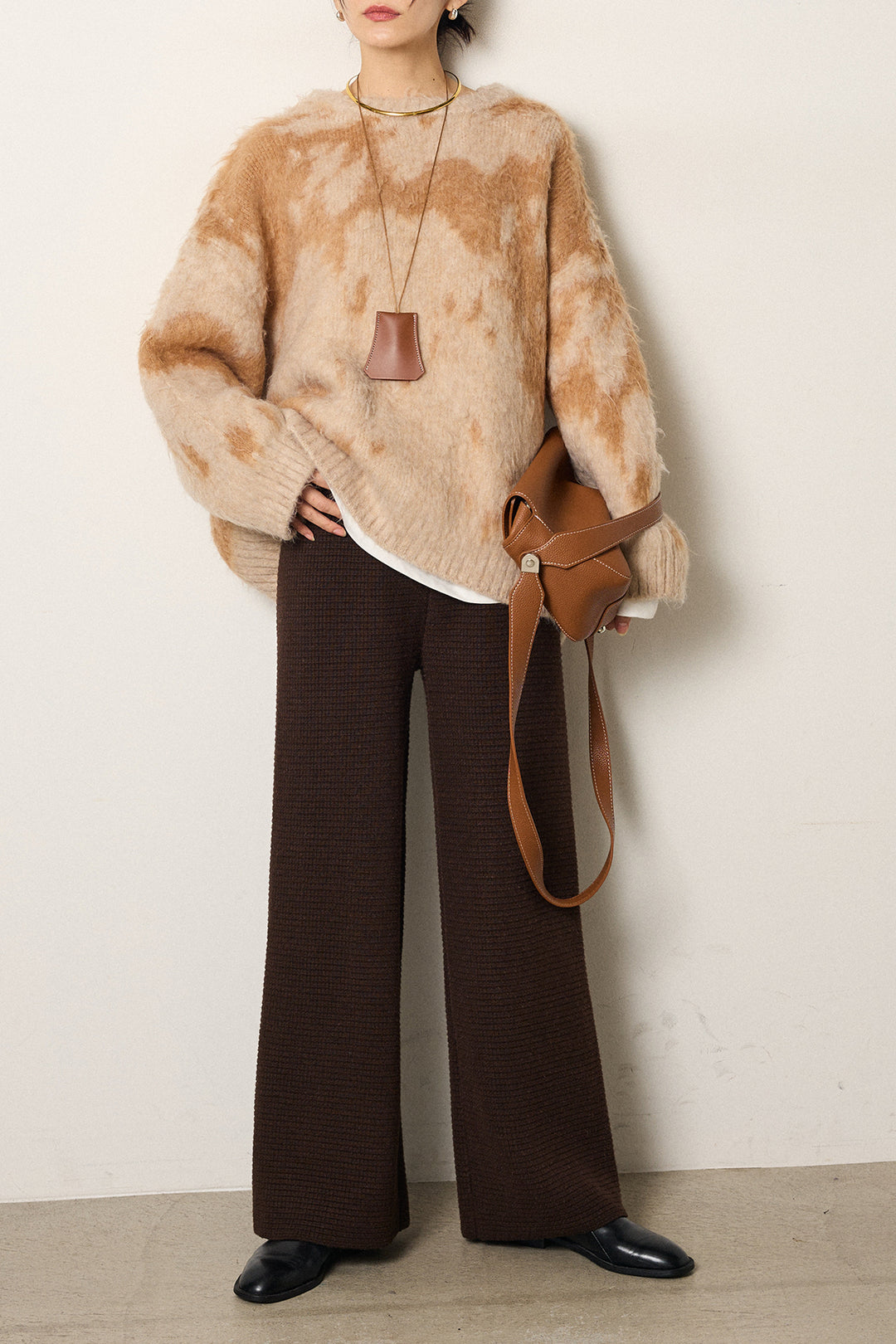 [SET]モヘアタッチマーブルニット+ワイドリブニットイージーパンツ(2set)