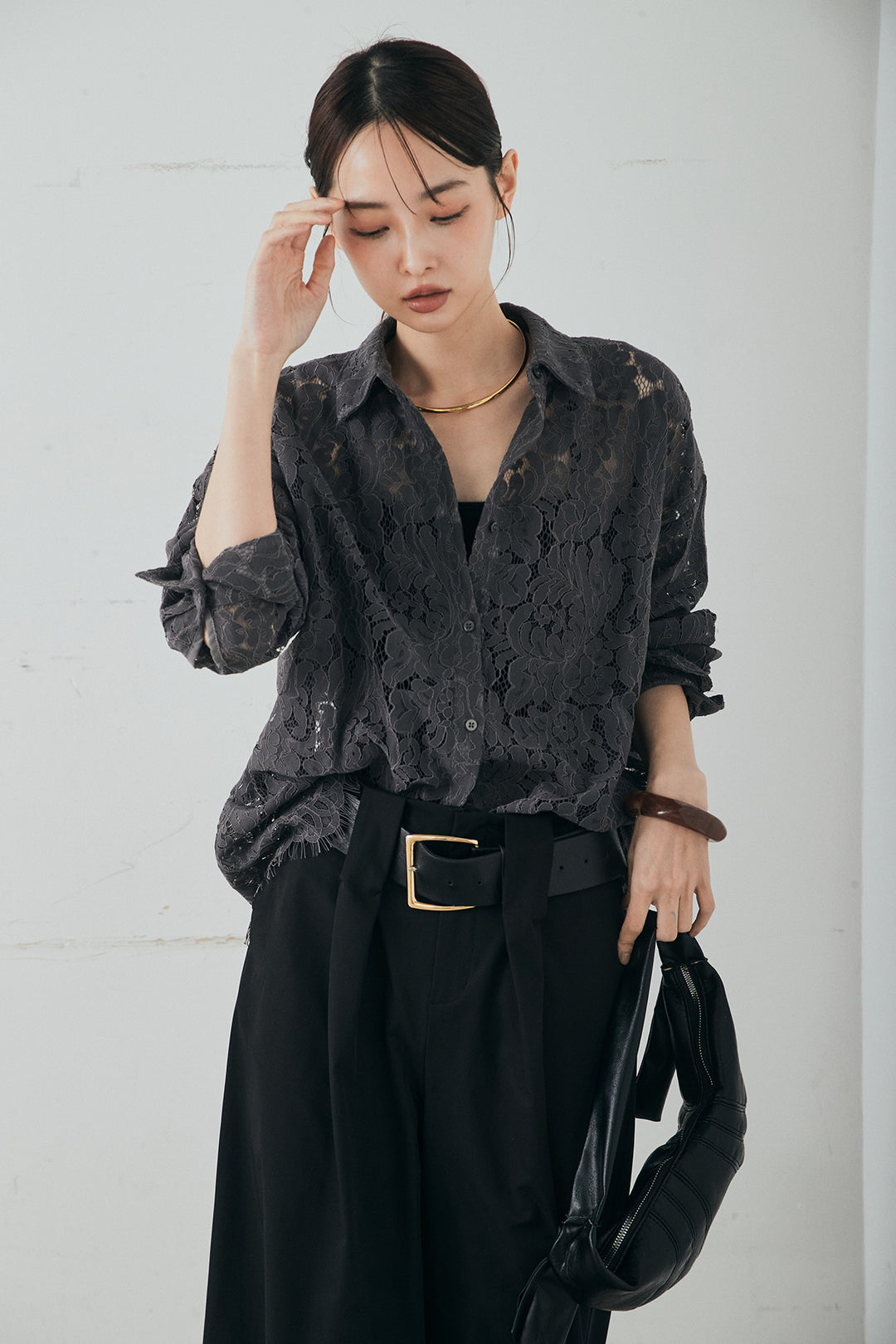 [SET]レース裾スカラップシャツ+ベルトループデザインハイウエストタックパンツ(2set)