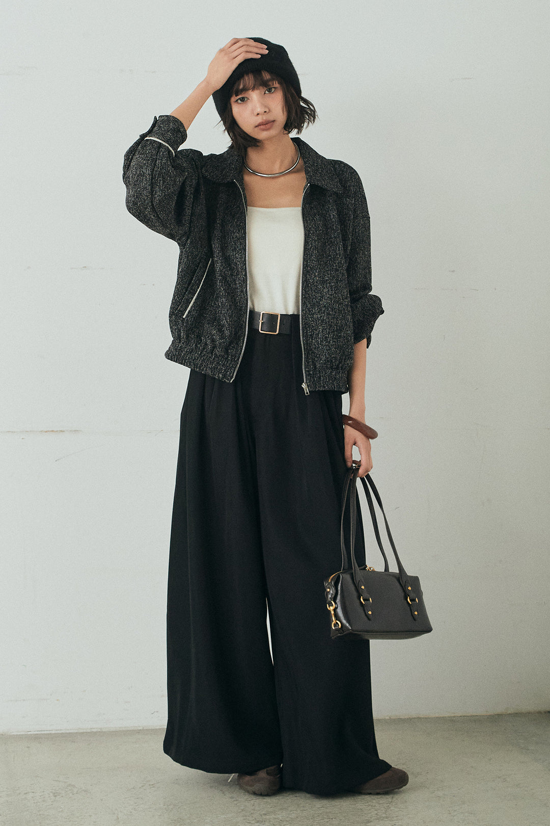 [SET]ツイード配色パイピングブルゾン+ベルト付きタックデザインハイウエストロングパンツ(2set)
