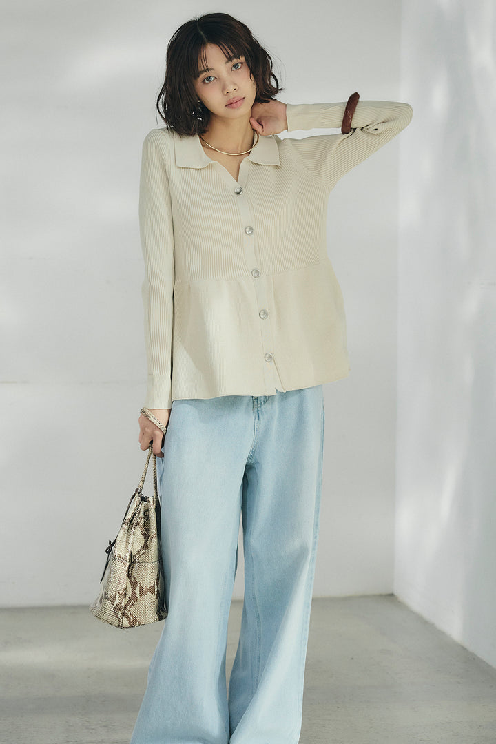 [SET]スキッパーペプラムニット+ウエスト裁ち切りデニムワイドパンツ(2set)