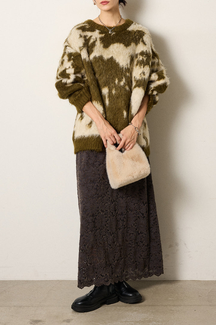 [SET]モヘアタッチマーブルニット+花柄刺繍ベロアフレアスカート(2set)