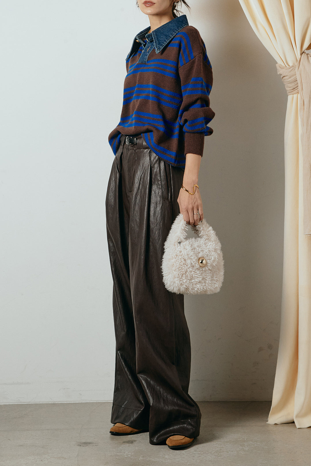 [SET]デニムレイヤード風ランダムボーダーニットプルオーバー+ベルト付きレザーライクタックパンツ(2set)