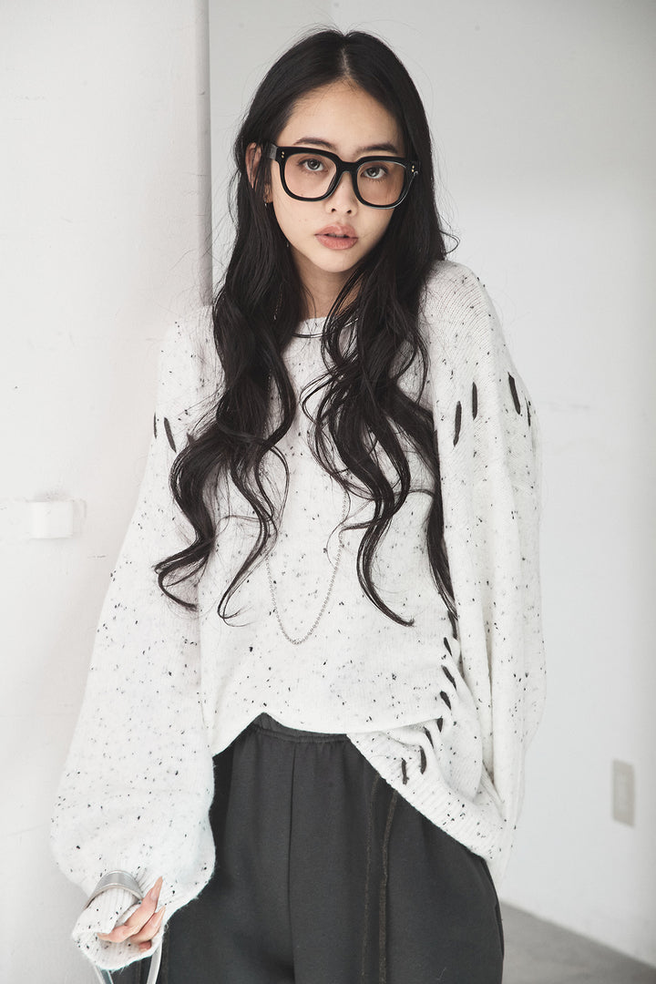 [SET]ネップ編み上げニットトップス+裏起毛スウェットワイドパンツ(2set)