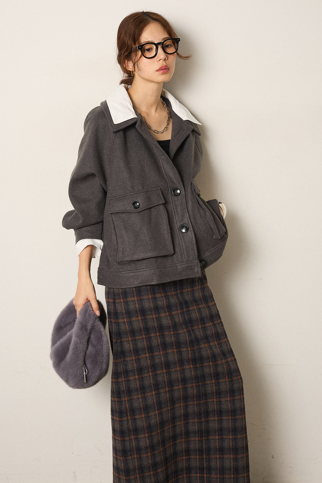 [SET]衿レイヤードフェイクウールジャケット+シャギーチェックストレートスカート(2set)