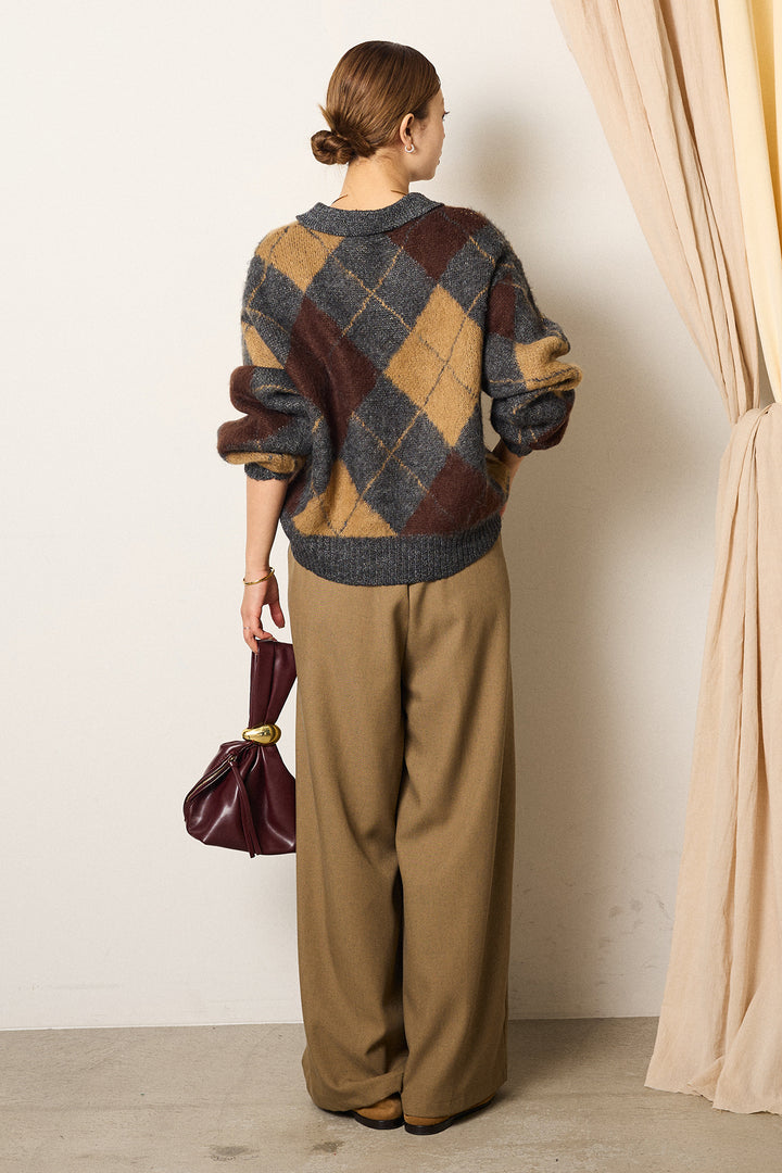 [SET]アクリルモヘアアーガイルキーネックプルオーバー+フロントワイドタックネップ入ワイドパンツ(2set)