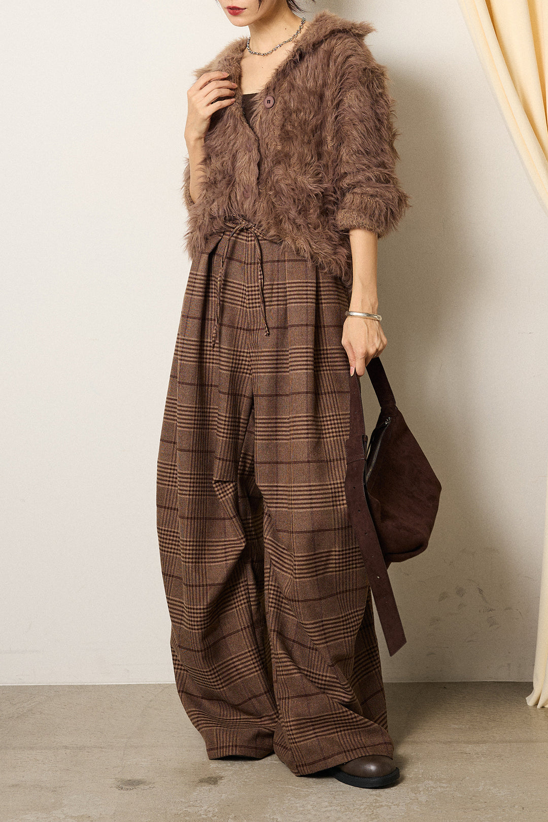 [SET]襟付きシャギーニットカーディガン+グレンチェックルーズタックパンツ(2set)