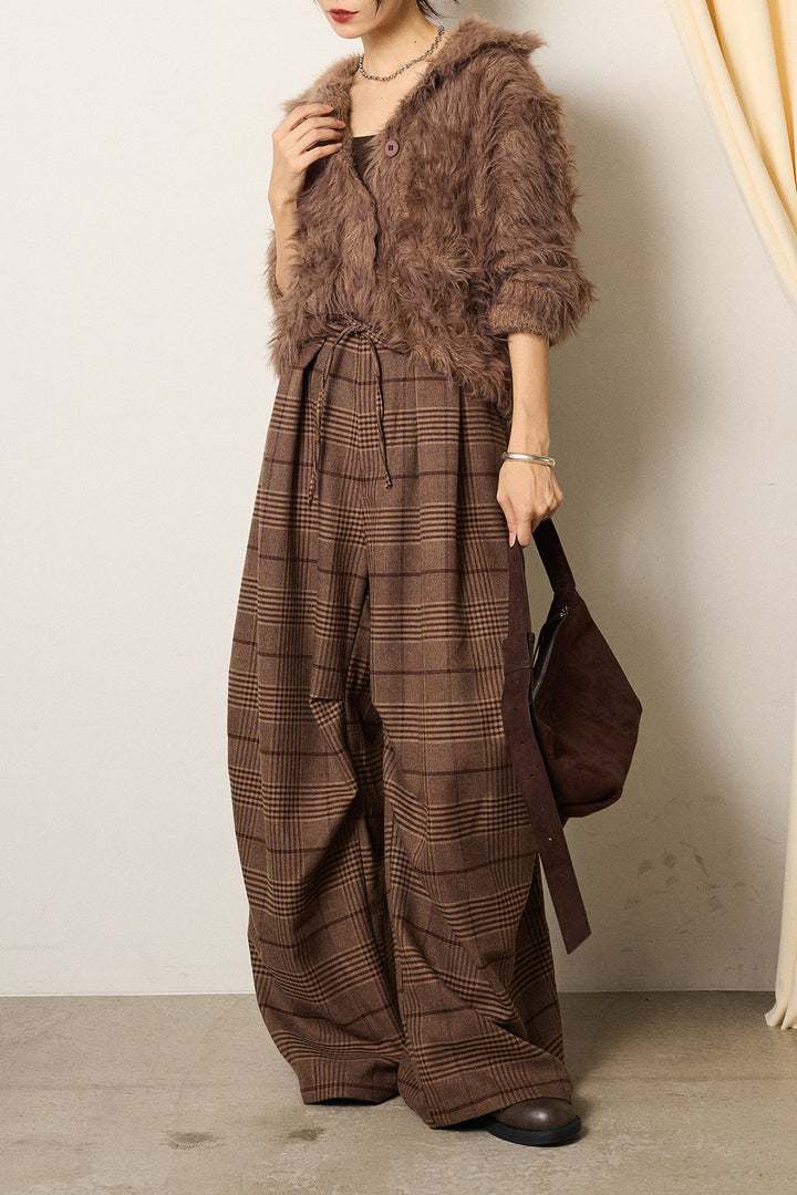 [SET]襟付きシャギーニットカーディガン+グレンチェックルーズタックパンツ(2set)