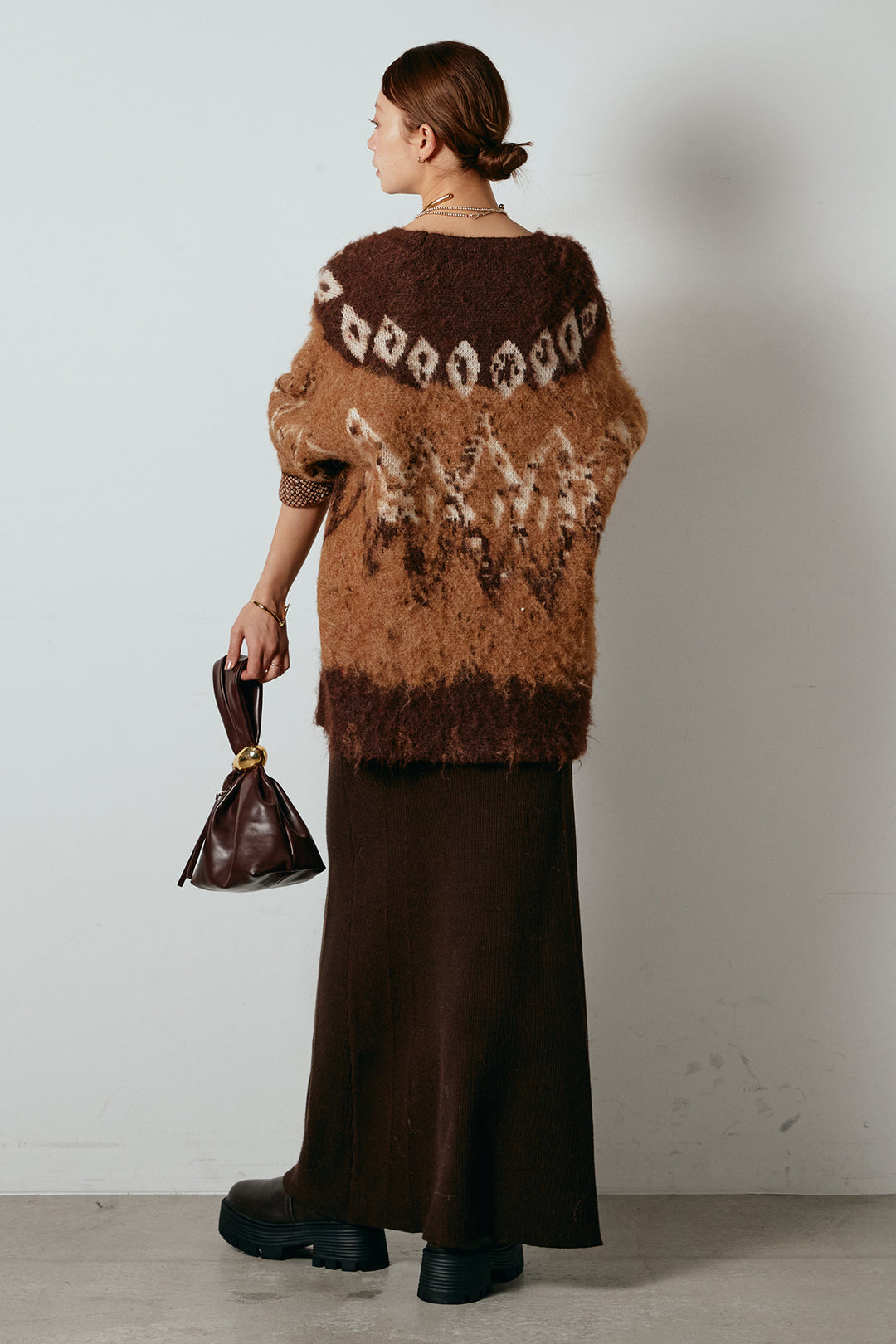 [SET]シャギーニュアンス柄ニットカーディガン+リブナローニットスカート(2set)