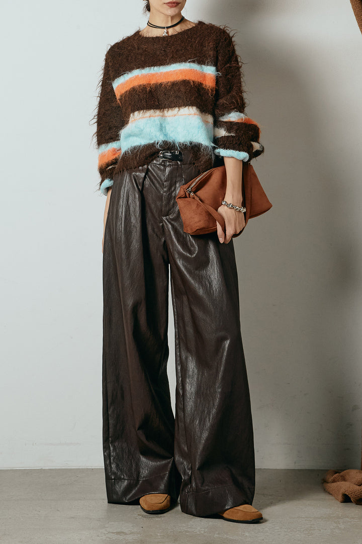 [SET]起毛配色マルチボーダーニットトップス+ベルト付きレザーライクタックパンツ(2set)