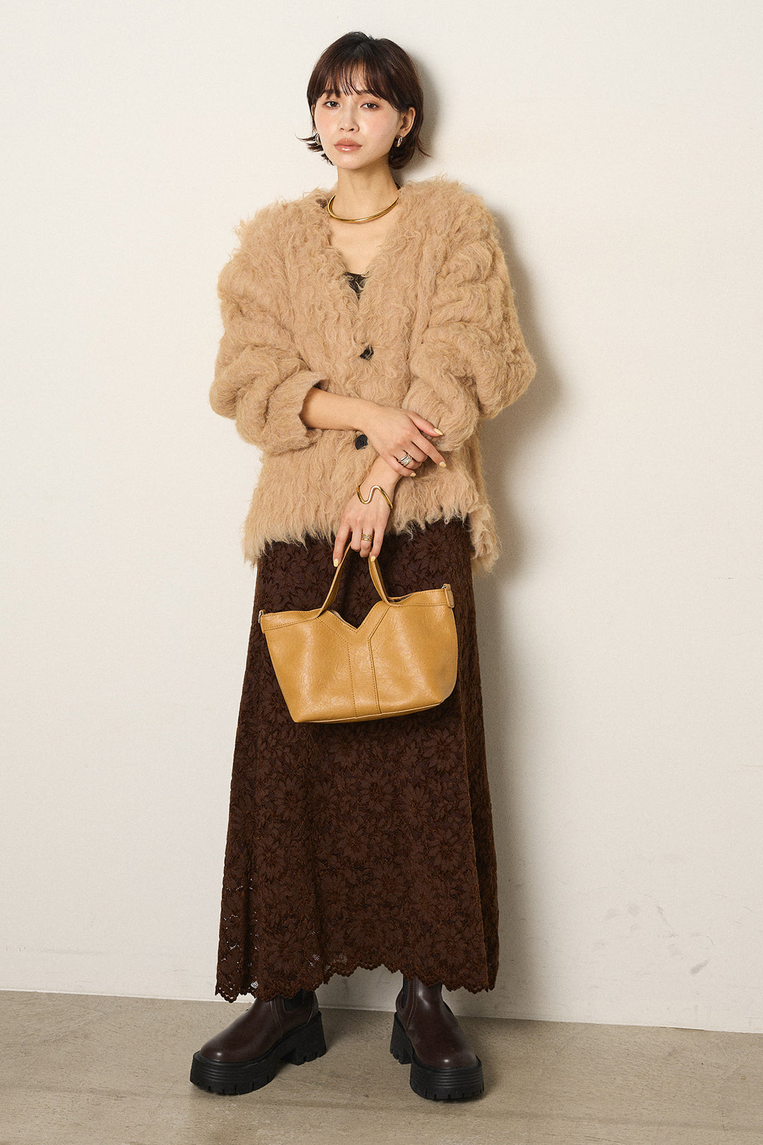 [SET]起毛シャギーニットカーディガン+花柄刺繍ベロアフレアスカート(2set)