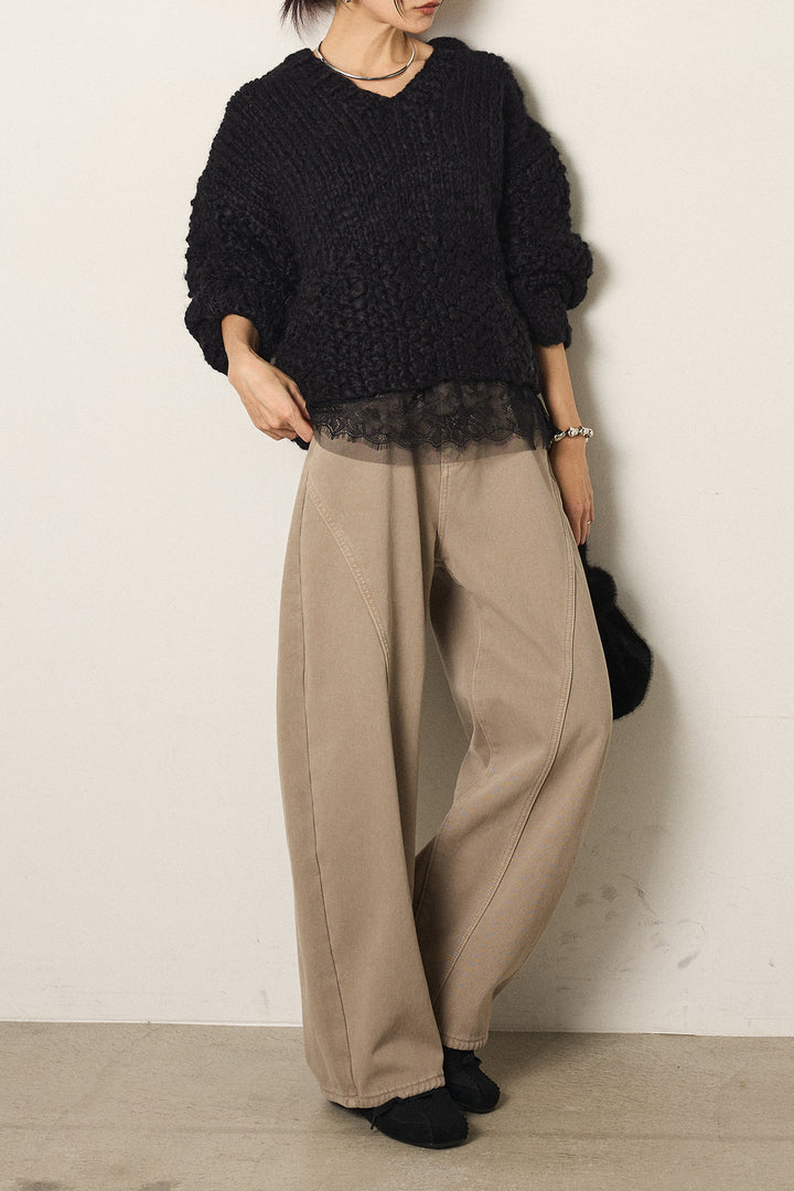[SET]Vネックハンド編みニットトップス+ベルト付きカジュアルカーブワイドパンツ+レース切り替えキャミソール(3set)