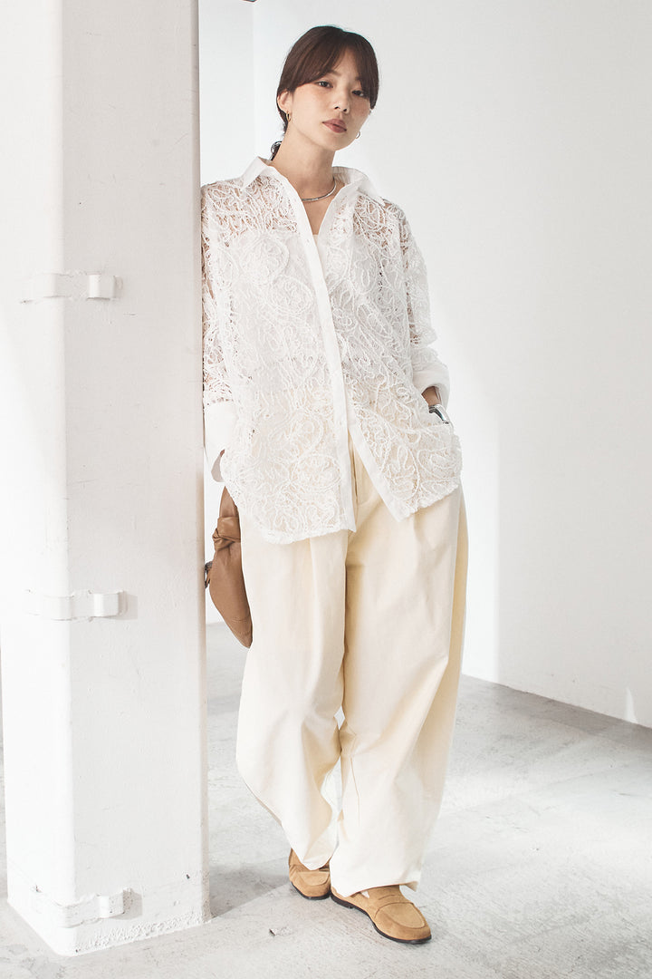 [SET]刺繍レースオーバーサイズシャツ+合繊ツイルパイピングタックカーブパンツ(2set)