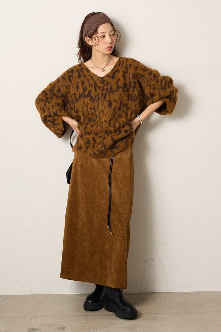 [SET]フラッフィーレオパードシャギーニット+ロープベルト付きスウェード調スカート(2set)