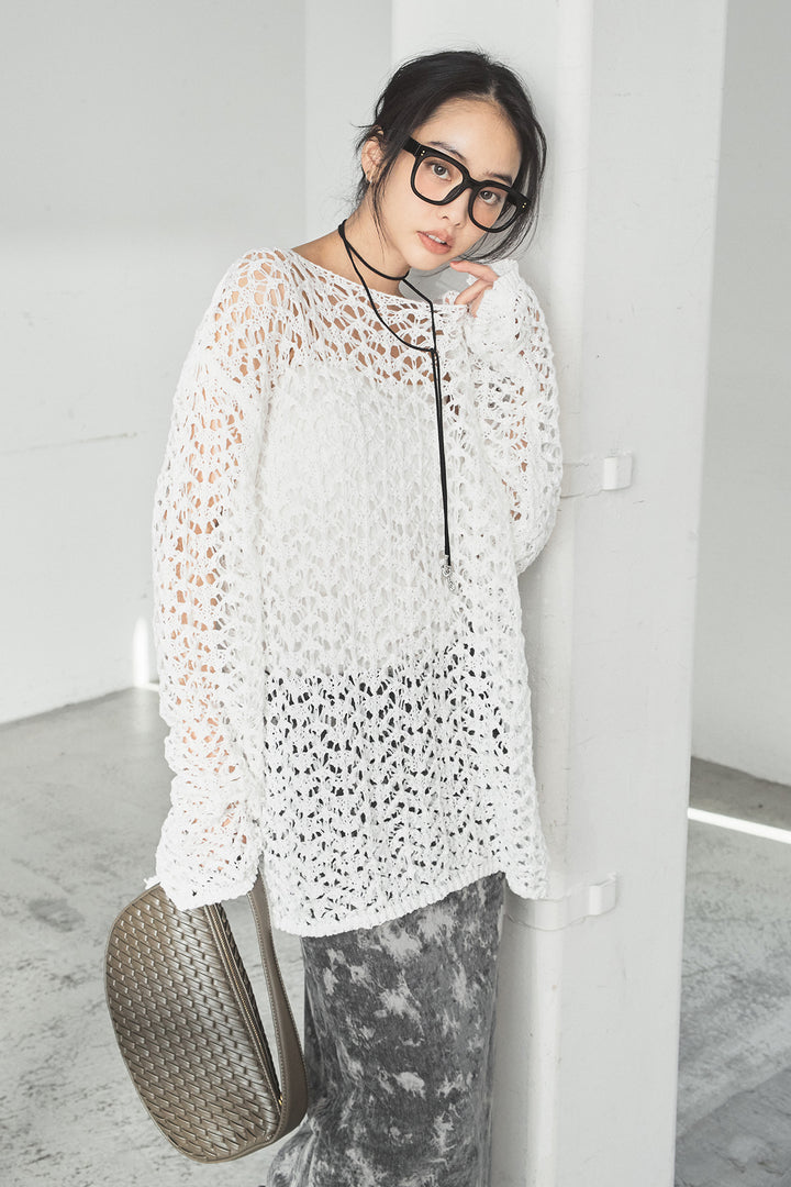 [SET]リラックスメッシュニットトップス+タイダイ柄ベロアワイドスカート(2set)