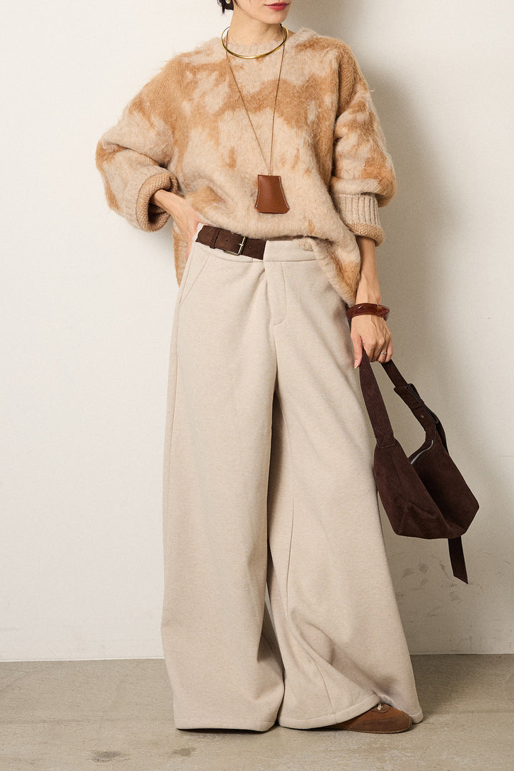 [SET]モヘアタッチマーブルニット+サイドベルトパンツ(2set)